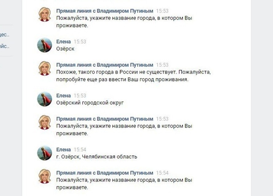 Скриншот переписки озерчанки Елены с "Прямой линией"