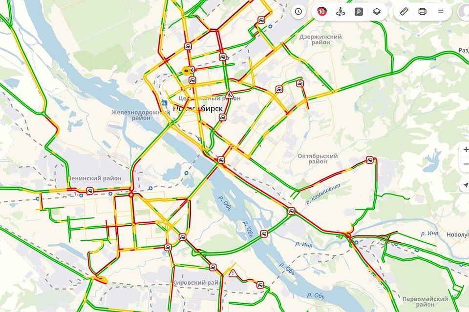 Утро для новосибирцев началось с 10-балльных пробок. Фото: yandex.ru/maps/65/novosibirsk/probki.