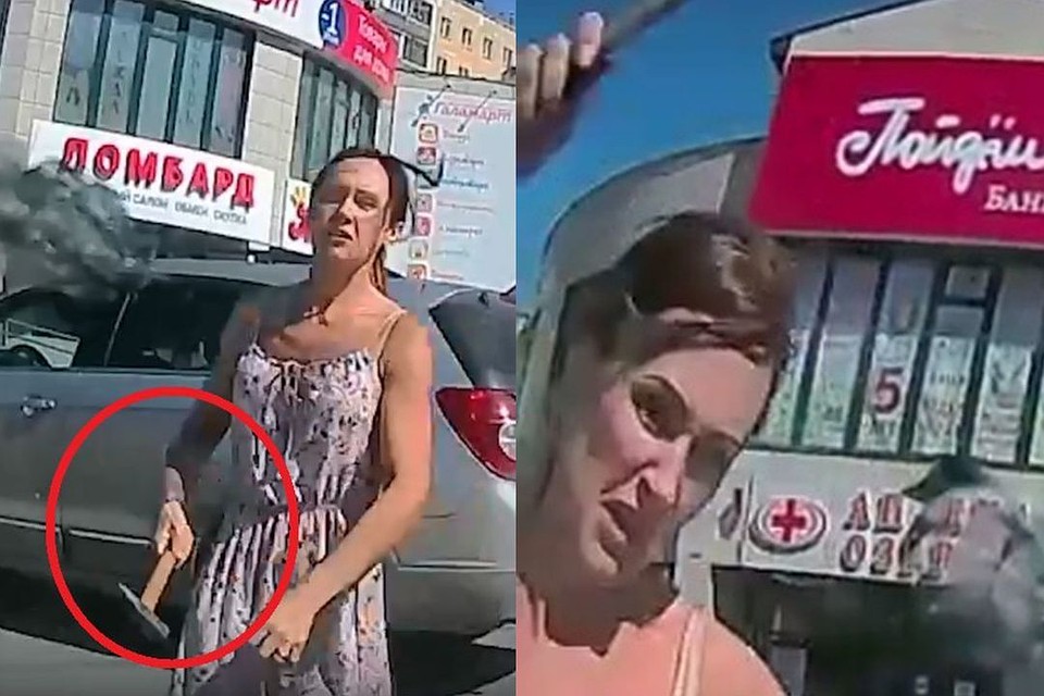 Женщина была недовольна тем, что ей сделали замечание и разбила лобовое стекло на чужой машине. Фото: Кадр из видео