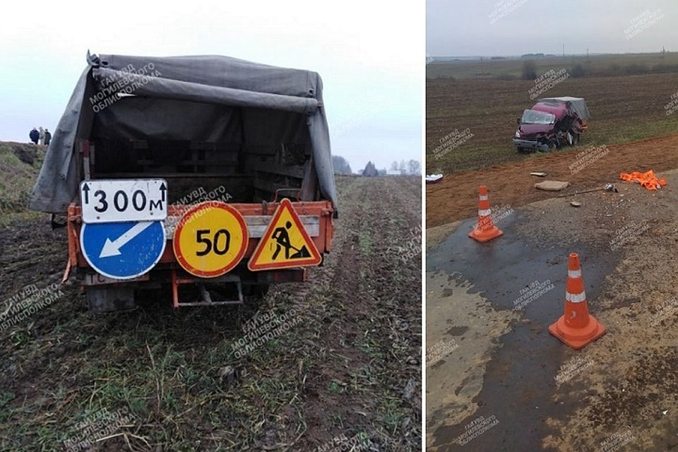 Водитель тягача сбил машину "дорожников" с трассы. Фото: УВД Могилевского облисполкома.