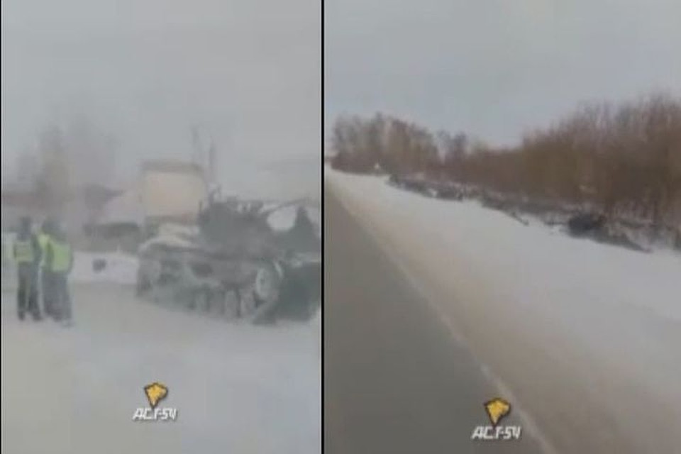 Под Новосибирском образовалась пробка из военной техники. Фото: кадр из видео