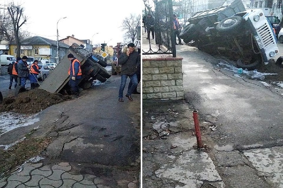 В Кишиневе грузовик частично ушел под землю и повис над дорогой