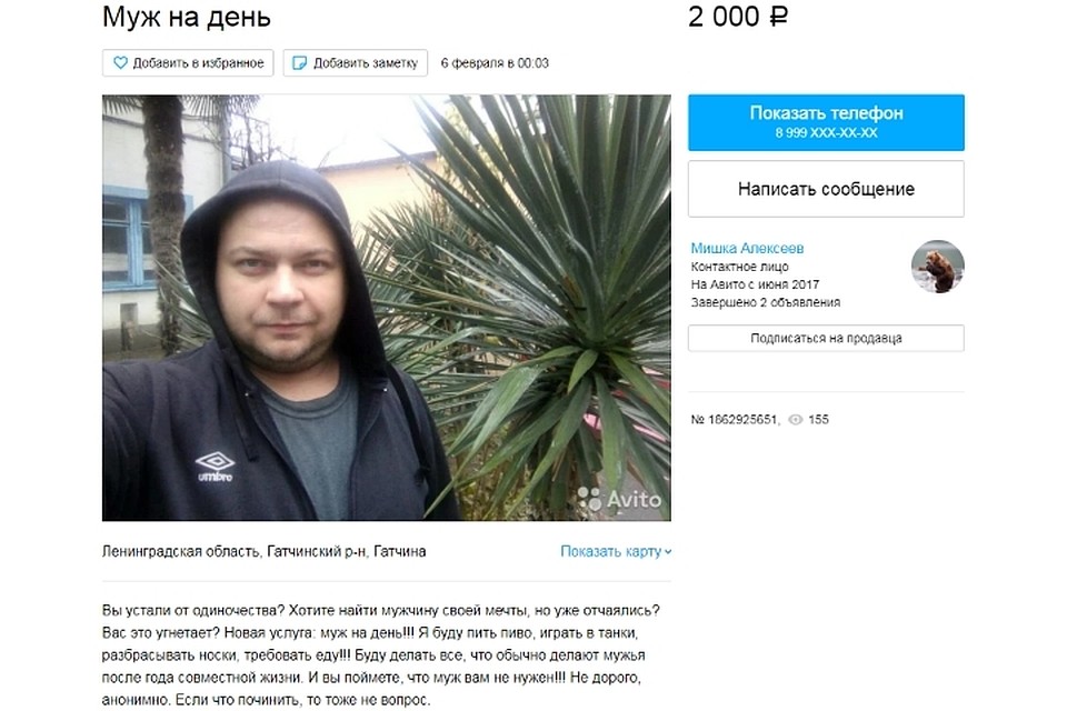 Жители Гатчины нашли в Сети остроумное объявление "мужа на день", отговаривающего женщин вступать в брак. Фото: avito.ru