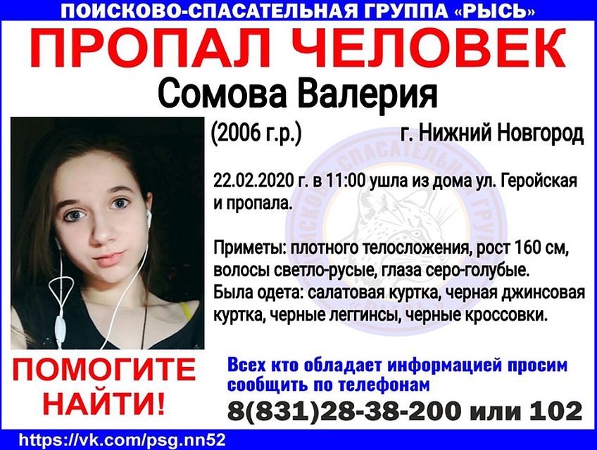 В Нижнем Новгороде ищут пропавшую Валерию Сомову