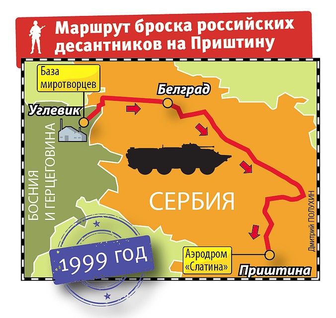 Маршрут броска российских десантников на Приштину
