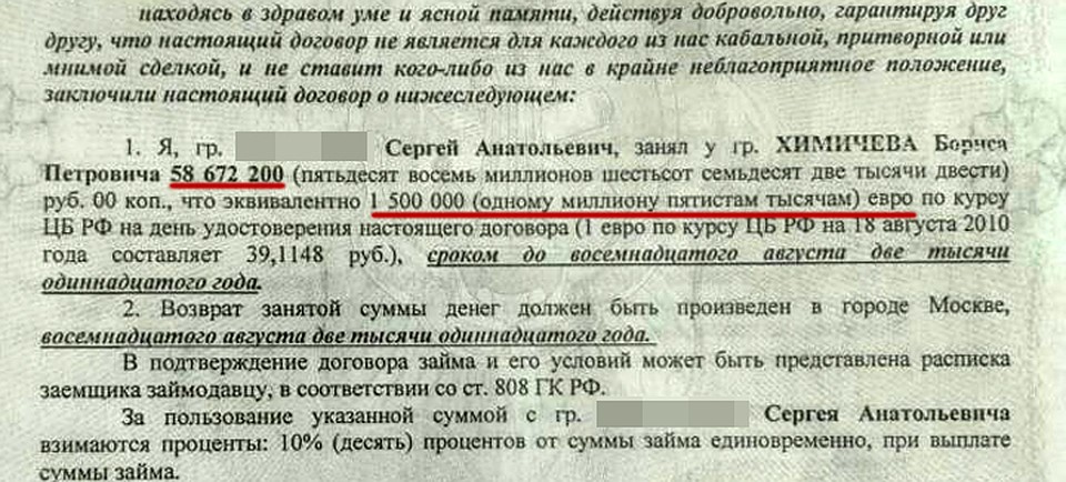 Договор займа, из которого следует, что в августе 2010 года Химичев дал в долг знакомому... 1,5 миллиона евро!