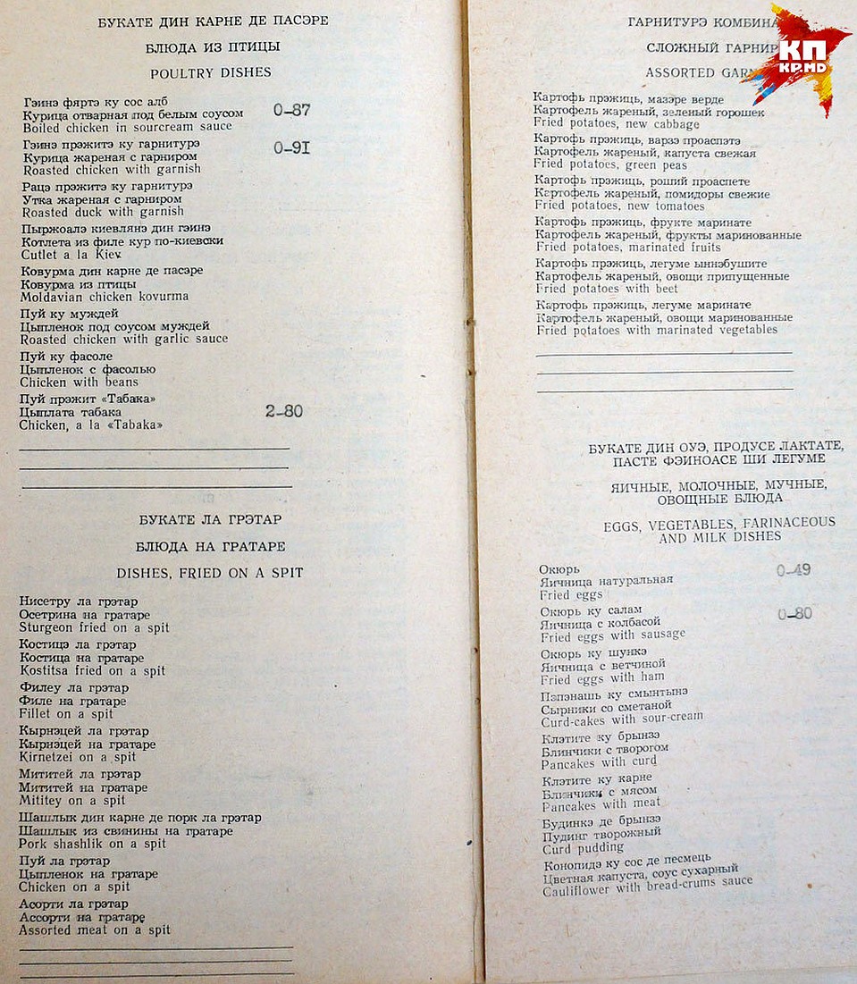Меню ресторана "Ла Извор" от 20 мая 1985 г.