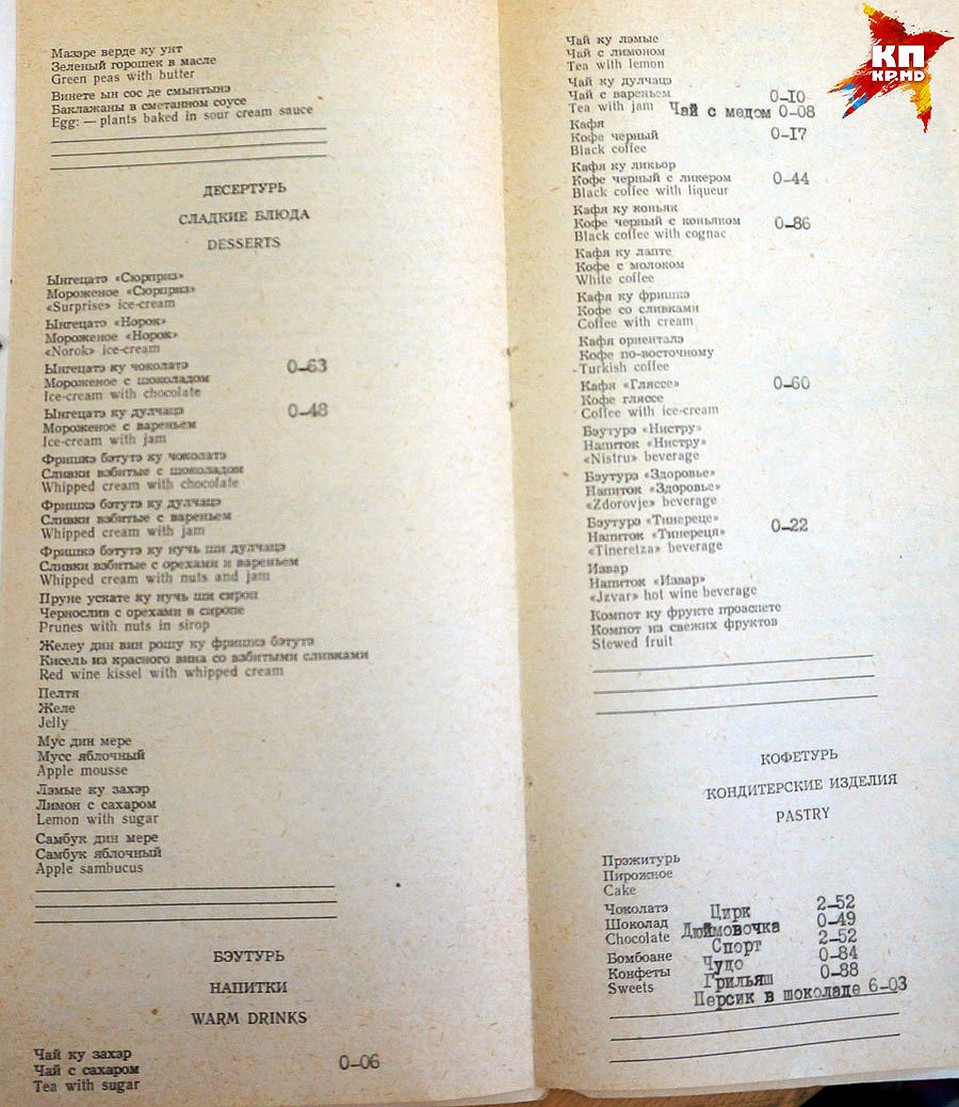 Меню ресторана "Ла Извор" от 20 мая 1985 г.