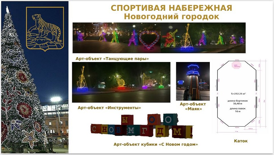 На верхней расположат танцующие фигуры и каток. Эскиз городской администрации