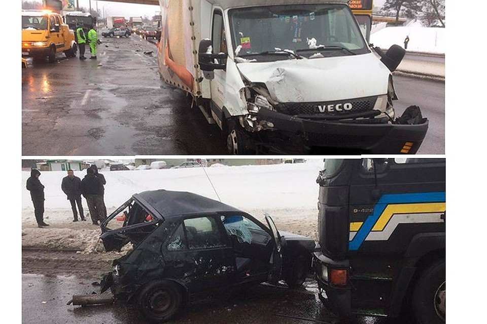 Фура смяла легковое авто, которое выехало на соседнюю полосу, после столкновения с грузовиком. Фото: ГАИ Минска.