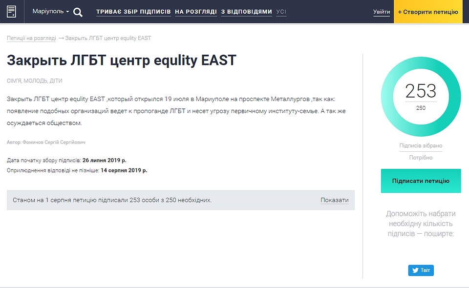На 1 августа петицию подписали 253 человека из 250 необходимых. Фото: e-dem.in.ua/mariupol