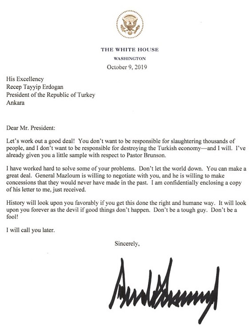 Текст скандального письма Трампа Эрдогану.