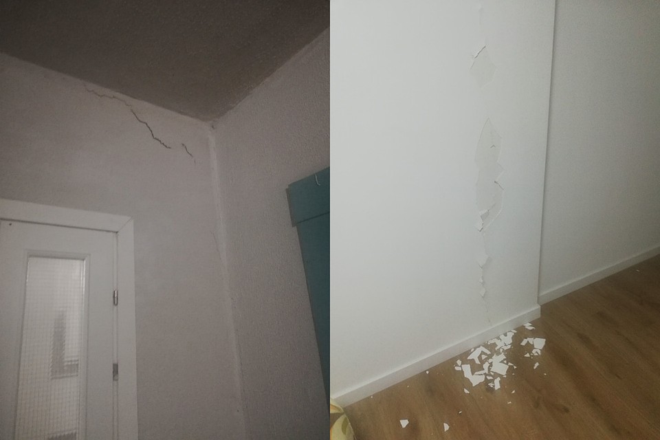 Трещины исполосовали стены подъезда, а в одной из квартир из-за них осыпалась штукатурка Фото: Ольга ШУМАНСКАЯ