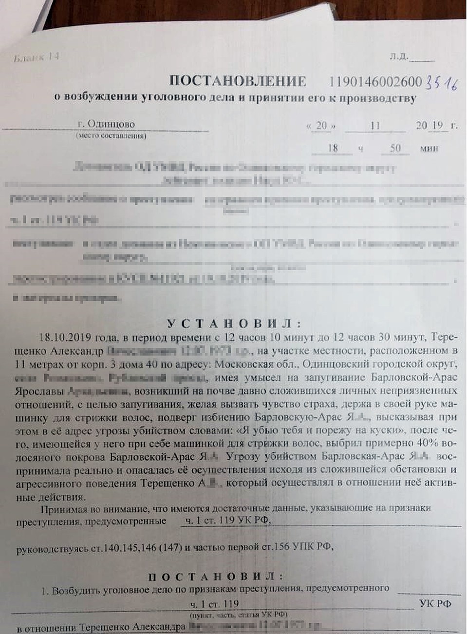 ОД УМВД России по Одинцовскому округу возбудило уголовное дело в отношении Терещенко