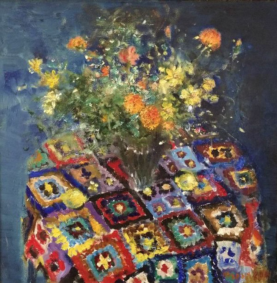 Исаёнок Мария Ивановна. Кветкі на маміным абрусе. 60х60 см, холст, масло. 2001 г.