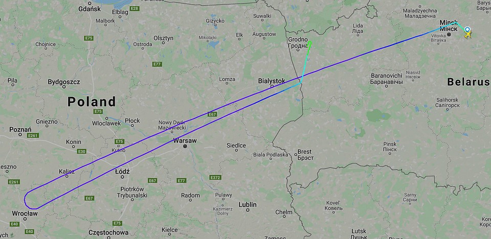 Маршрут самолета, который вернули в Гродно. Фото: flightradar24.