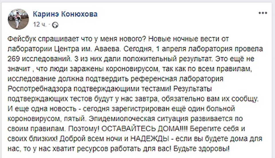Пост Каринэ Конюховой в "Фейсбук" Фото: скрин www.facebook.com/Каринэ Конюхова