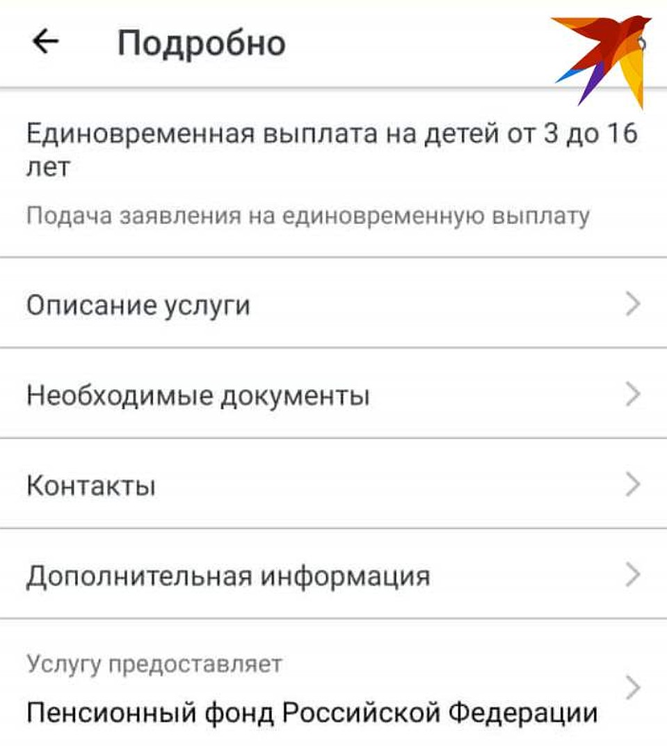 Меню в разделе получения услуги на портале госуслуг.