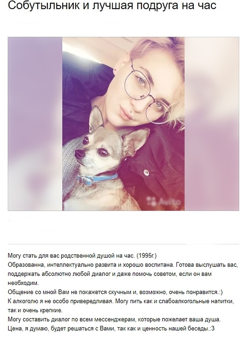 Анкета девушки. Фото: сайт Авито.