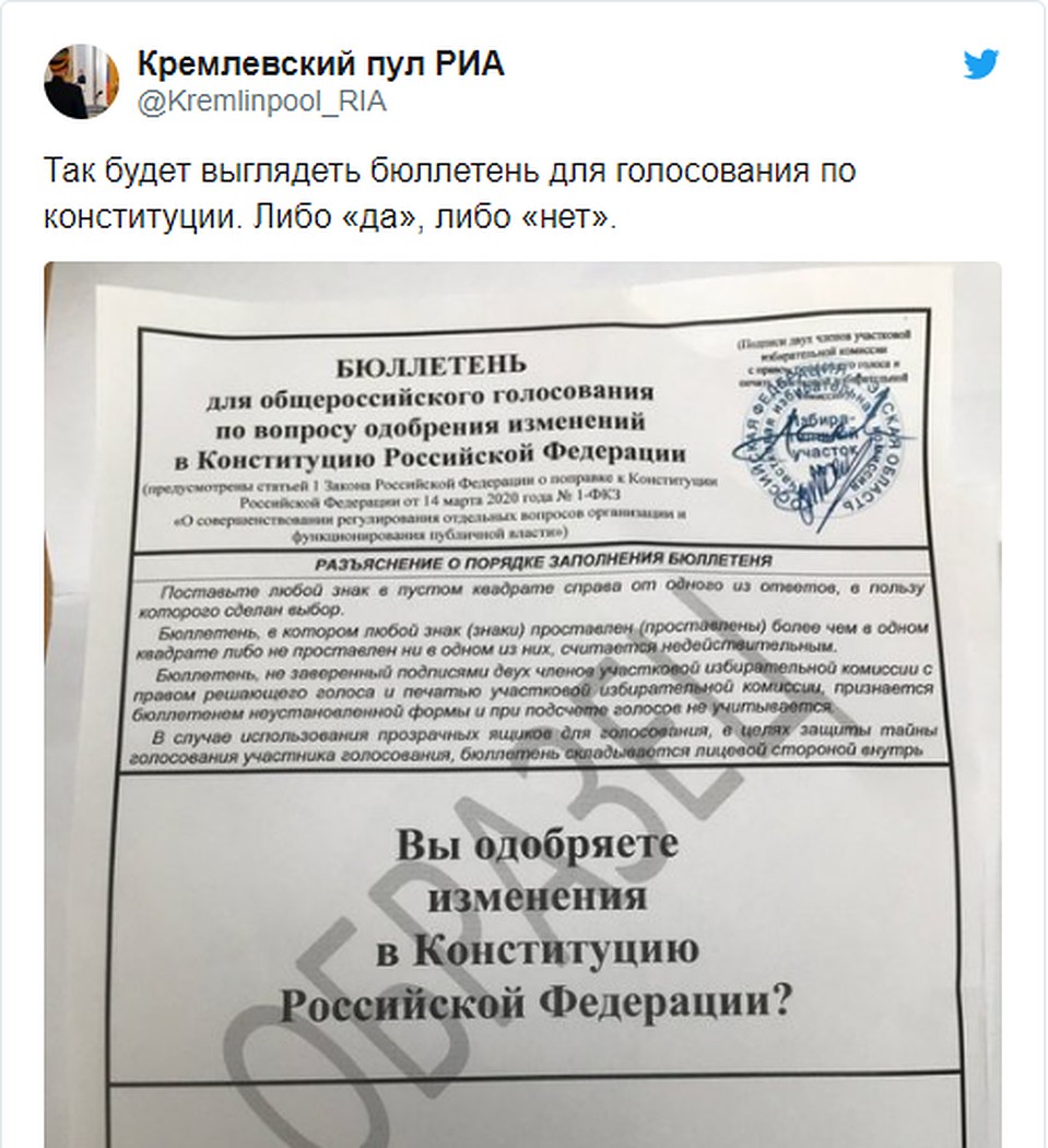 На странице RIA Kremlin Pool в Twitter опубликован образец бюллетеня для голосования по Конституции. Фото: Twitter.com