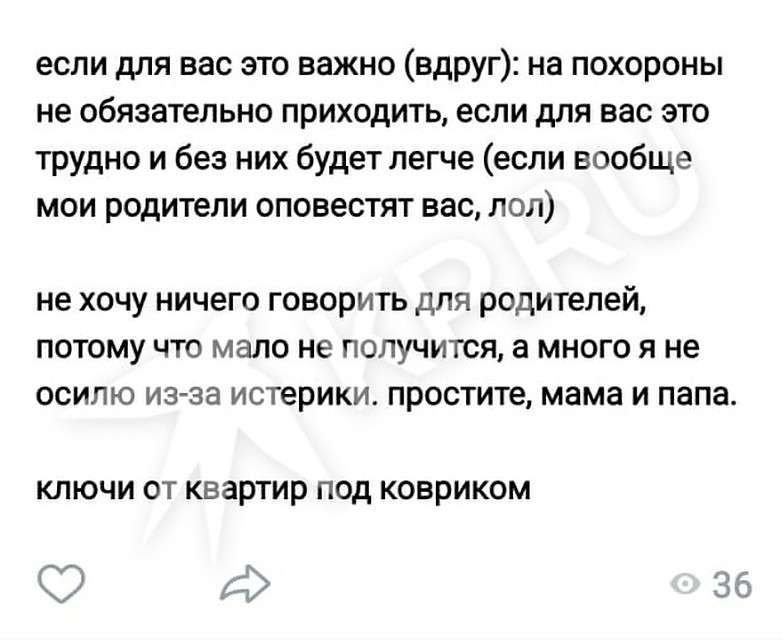 В конце прощального послания Юлия сказала родителям, что оставила ключи от квартиры под ковриком. Фото: соцсети