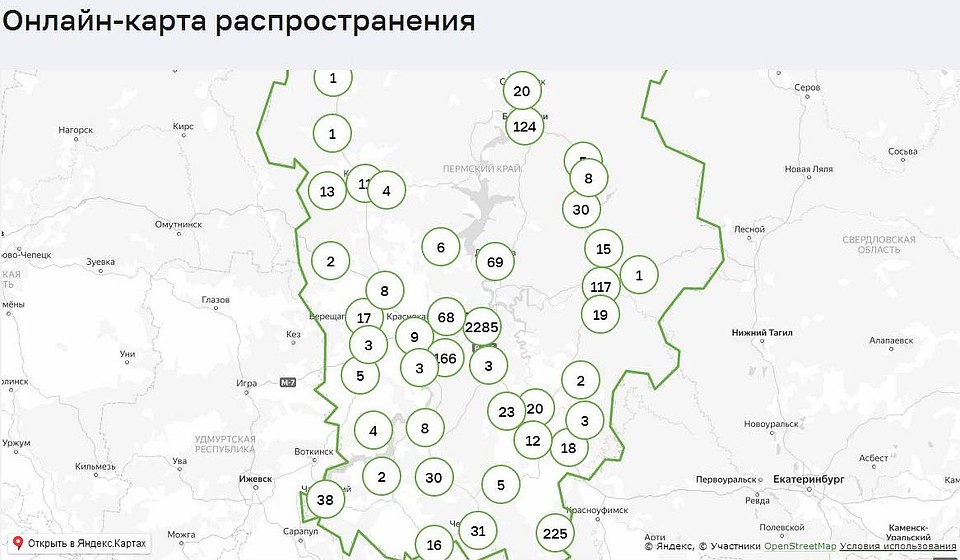 Карта распространения COVID-19 в Пермском крае. Инфографика: краевой оперштаб.