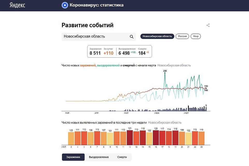 Статистика заболеваемости коронавирусом в Новосибирске на 24 июля 2020 года. ФОТО: сервис «Яндекс»