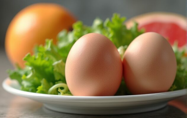 2 сваренных яйца, листовой салат или сельдерей, грейпфрут