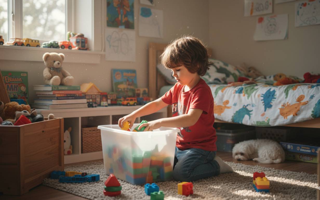 Ребенок убирает игрушки