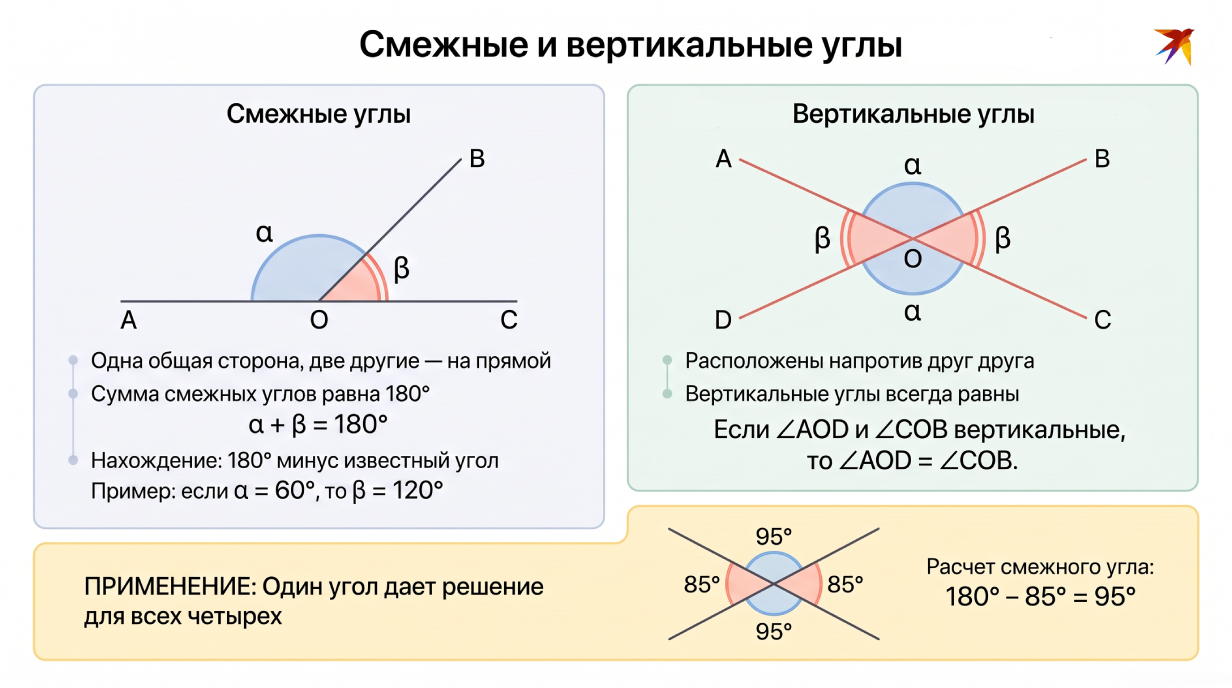 Смежные и вертикальные углы инфографика