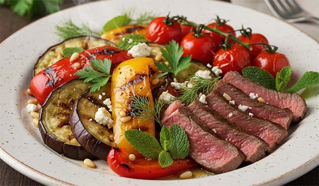 Теплый салат с говядиной и овощами гриль