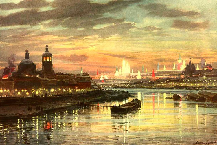 Альберт Бенуа. Иллюминация Москвы в честь коронации Николая II. Акварель. 1896