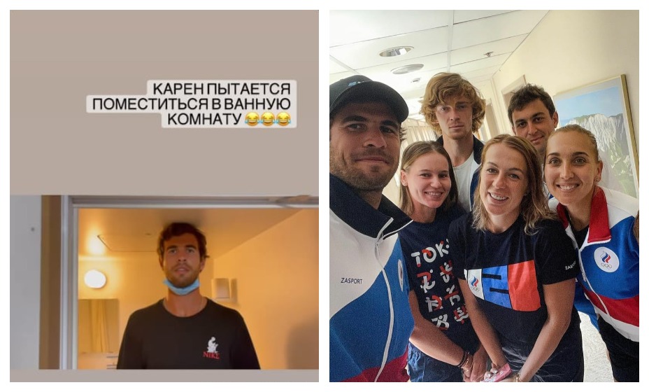 Высокорослому теннисисту Карену Хачанову номер в гостинице показался слишком мал. Фото: Соцсети Елены Весниной