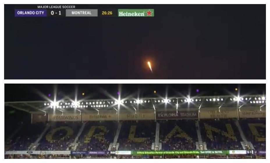 Момент запуска корабля SpaceX во время футбольного матча. Фото: скриншот трансляции