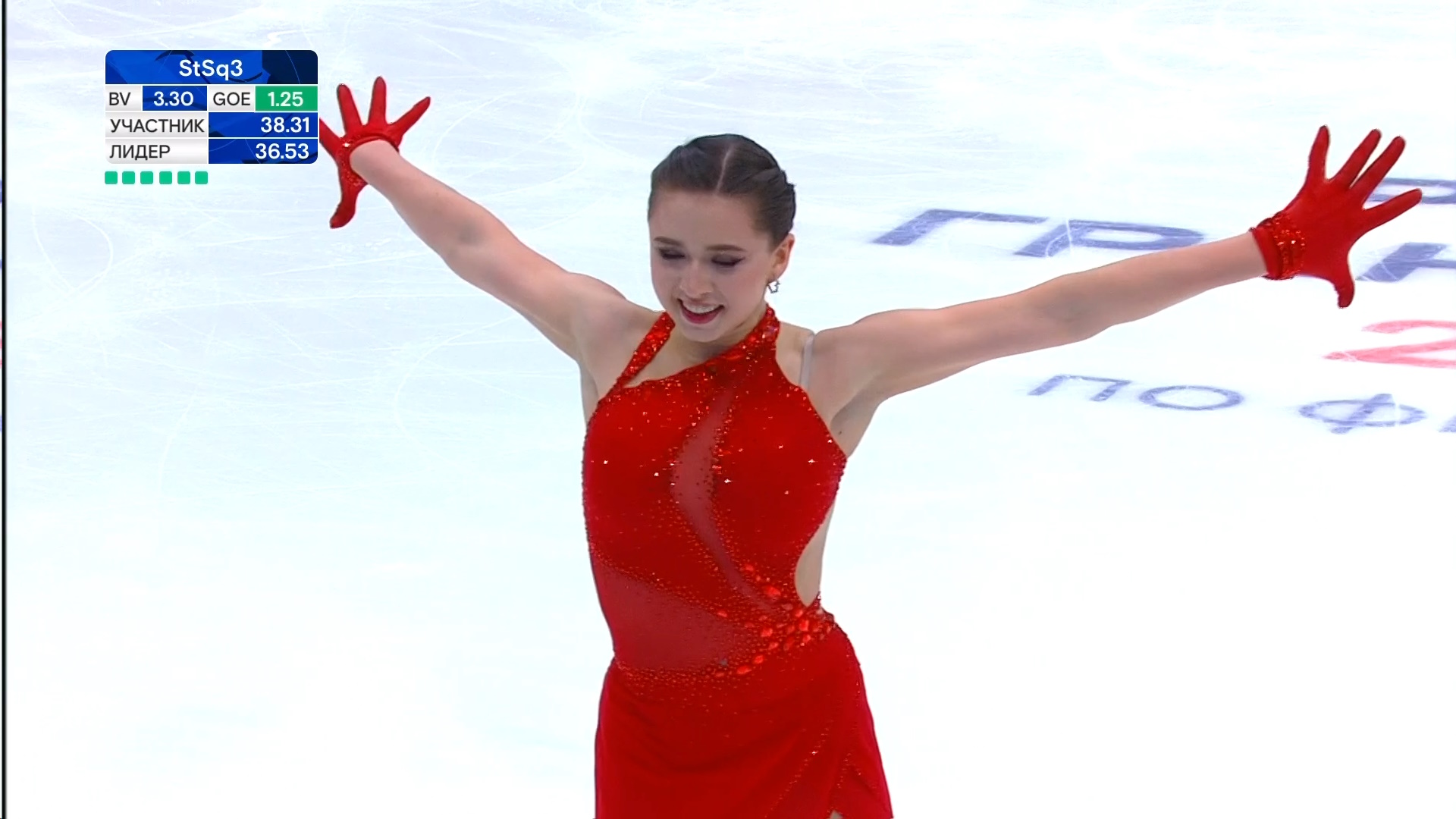 Камила сделала все классно в короткой программе. Фото: стоп-кадр прямого эфира 